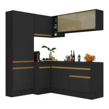 Armário de Cozinha Completa de Canto com Rodapé Veneza Multimóveis V2089  Preto/Dourado