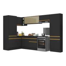 Armário de Cozinha Completa de Canto com Rodapé Veneza Multimóveis V2090  Preto/Dourado