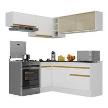 Armário de Cozinha Completa de Canto com Rodapé Veneza Multimóveis V2094  Branco/Dourado