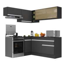 Armário de Cozinha Completa de Canto com Rodapé Veneza Multimóveis V2094  Preto/Branco
