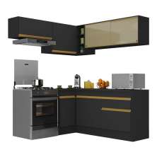 Armário de Cozinha Completa de Canto com Rodapé Veneza Multimóveis V2094  Preto/Dourado