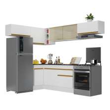 Armário de Cozinha Completa de Canto com Rodapé Veneza Multimóveis V2095  Branco/Dourado