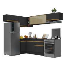 Armário de Cozinha Completa de Canto com Rodapé Veneza Multimóveis V2095  Preto/Dourado