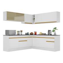 Armário de Cozinha Completa de Canto com Rodapé Veneza Multimóveis V2096  Branco/Dourado