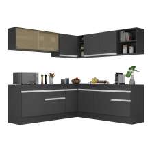 Armário de Cozinha Completa de Canto com Rodapé Veneza Multimóveis V2096  Preto/Branco