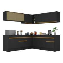Armário de Cozinha Completa de Canto com Rodapé Veneza Multimóveis V2096  Preto/Dourado