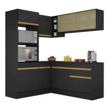 Armário de Cozinha Completa de Canto com Rodapé Veneza Multimóveis V2098  Preto/Dourado