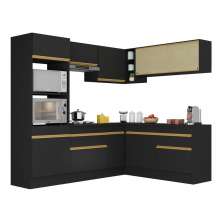 Armário de Cozinha Completa de Canto com Rodapé Veneza Multimóveis V2099  Preto/Dourado