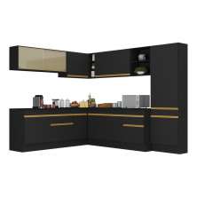 Armário de Cozinha Completa de Canto com Rodapé Veneza Multimóveis V2100  Preto/Dourado
