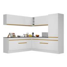 Armário de Cozinha Completa de Canto com Rodapé Veneza Multimóveis V2101  Branco/Dourado