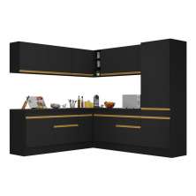 Armário de Cozinha Completa de Canto com Rodapé Veneza Multimóveis V2101  Preto/Dourado