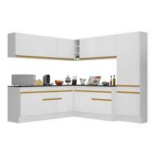 Armário de Cozinha Completa de Canto com Rodapé Veneza Multimóveis V2102  Branco/Dourado