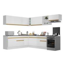 Armário de Cozinha Completa de Canto com Rodapé Veneza Multimóveis V2103  Branco/Dourado