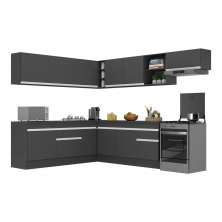 Armário de Cozinha Completa de Canto com Rodapé Veneza Multimóveis V2103  Preto/Branco