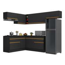 Armário de Cozinha Completa de Canto com Rodapé Veneza Multimóveis V2104  Preto/Dourado