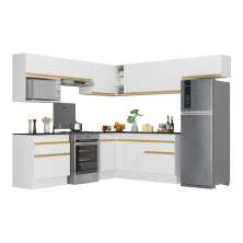 Armário de Cozinha Completa de Canto com Rodapé Veneza Multimóveis V2106  Branco/Dourado