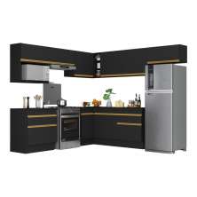 Armário de Cozinha Completa de Canto com Rodapé Veneza Multimóveis V2106  Preto/Dourado