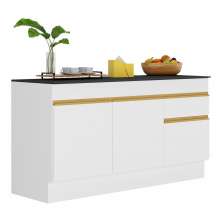 Balcão Cozinha Gabinete Pia 150cm com Rodapé  3 Portas 1 Gaveta Veneza Multimóveis V2107 Branco/Dourado