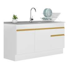 Balcão Cozinha Gabinete Pia 150cm com Rodapé 3 Portas 1 Gaveta Veneza Multimóveis V2115 Branco/Dourado