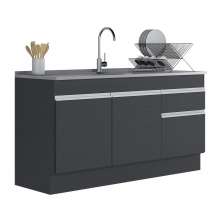 Balcão Cozinha Gabinete Pia 150cm com Rodapé 3 Portas 1 Gaveta Veneza Multimóveis V2115 Preto/Branco