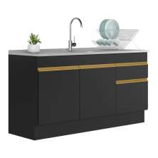 Balcão Cozinha Gabinete Pia 150cm com Rodapé 3 Portas 1 Gaveta Veneza Multimóveis V2115 Preto/Dourado