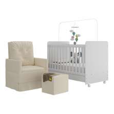 Berço Americano 3x1 com Colchão, Poltrona Amamentação e Puff Bambino Multimóveis MP4101 Branco/Bege