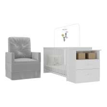 Berço Cômoda com Colchão Incluso e Poltrona de Amamentação Meu Bebê Multimóveis MP4090 Branco/Cinza