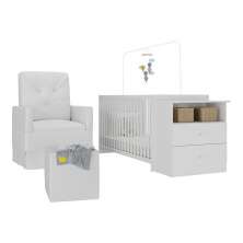 Berço Cômoda com Colchão, Poltrona de Amamentação e Puff Meu Bebê Multimóveis MP4108 Branco