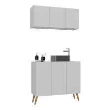 Conjunto Gabinete de Banheiro e Armário Aéreo 3 Portas Retrô Multimóveis MP5055 Branco/Natural