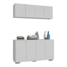Conjunto Lavanderia Multiuso Armário Aéreo e Balcão 4 Portas Multimóveis MP5054 Branco/Natural
