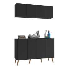 Conjunto Lavanderia Retrô Multiuso Armário Aéreo e Balcão 4 Portas Multimóveis MP5053 Preto/Natural