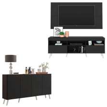 Conjunto Sala de Estar Rack + Painel TV 65" e Aparador Retrô Sofia Multimóveis Preto/Branco