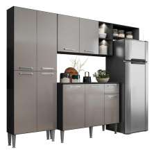 Cozinha Compacta Multimóveis Pequim FG3572 com 2 Leds Armário e Balcão Preta/Lacca Fumê