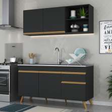 Cozinha Compacta Veneza GB Multimóveis MP2079 com Armário e Balcão Preta