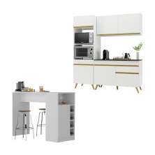 Cozinha Compacta com Bancada Americana/Mesa Veneza Multimóveis MP2211 Branco/Dourado