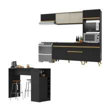 Cozinha Modulada com Bancada Americana Veneza Multimóveis MP2208 Preto/Dourado