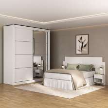 Guarda-Roupas Casal Espelho e Cabeceira com 2 Mesas de Cabeceira Multimóveis MP4327 Branco