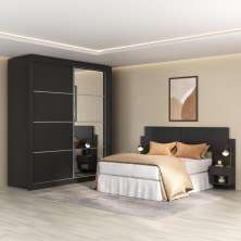 Guarda-Roupas Casal Espelho e Cabeceira com 2 Mesas de Cabeceira Multimóveis MP4327 Preto
