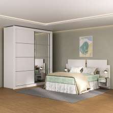 Guarda-Roupas Casal e Cabeceira com 2 Mesas de Cabeceira e Espelhos Multimóveis MP4328 Branco