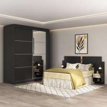 Guarda-Roupas Casal e Cabeceira com 2 Mesas de Cabeceira e Espelhos Multimóveis MP4328 Preto