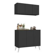 Kit Armário de Cozinha Aéreo e Balcão 3 Portas Retrô Multimóveis MP2168 Preto/Branco