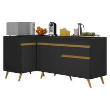 Kit Armário de Cozinha Balcão Canto 90cm e Gabinete Pia 120cm Veneza Multimóveis MP2157 Preto/Dourado