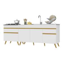 Kit com 2 Balcões de Cozinha 150cm e 70cm Veneza Multimóveis V2073 Branco/Dourado