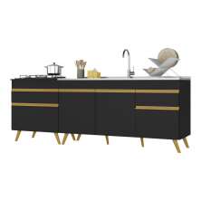 Kit com 2 Balcões de Cozinha 150cm e 70cm Veneza Multimóveis V2073 Preto/Dourado