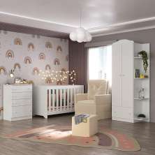 Quarto Completo com Colchão, Poltrona Amamentação/Puff João e Maria Multimóveis MP4104 Branco/Bege