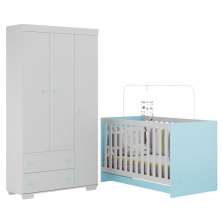 Quarto Infantil com Berço Colchão Incluso e Guarda-Roupas Algodão Doce Multimóveis MP4248 BrancoAzul