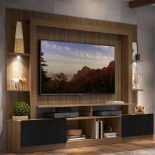 Rack Estante c/ Suporte TV 65" e Leds Berlim Multimóveis Madeirado/Preto