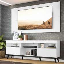 Rack c/ Painel P/TV até 65" e Pés Retrô Flórida Multimóveis  Branco/Preto