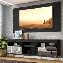 Rack c/ Painel e Suporte TV 65" c/ Espelho e Pés Retrô Flórida Multimóveis Preto/Natural