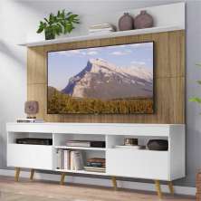 Rack com Painel TV 65" Madri Multimóveis Branco/Rustic com Prateleira e Pés Retrô Natural